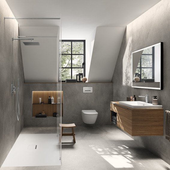 Villeroy & Boch merge modern finishes with warm wood in this stylish bathroom